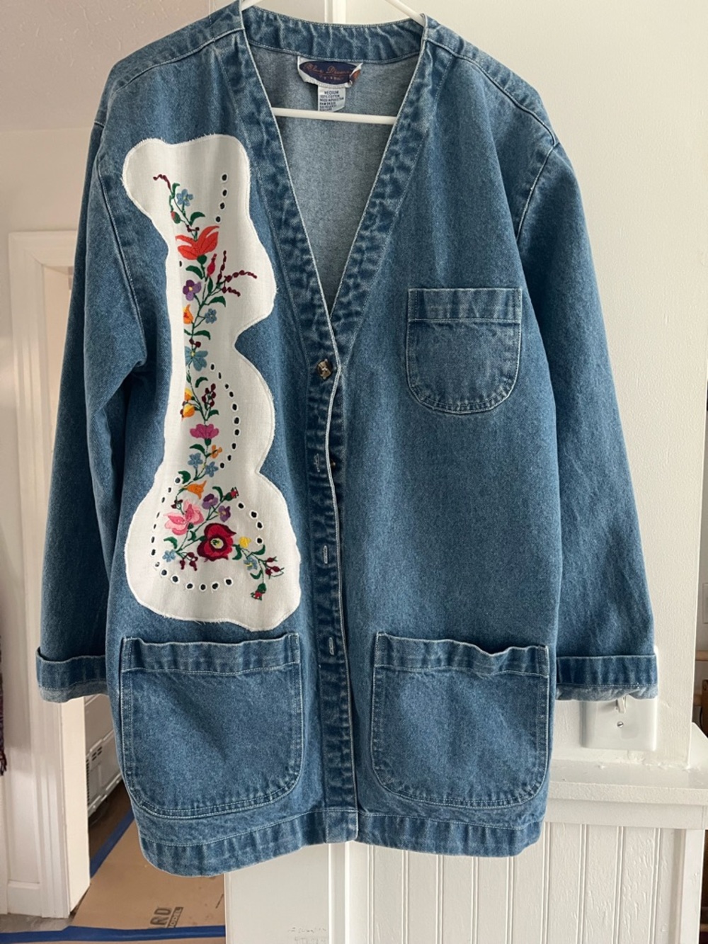 Vintage Denim Embroidered Button-Front Jacket with Floral Panel